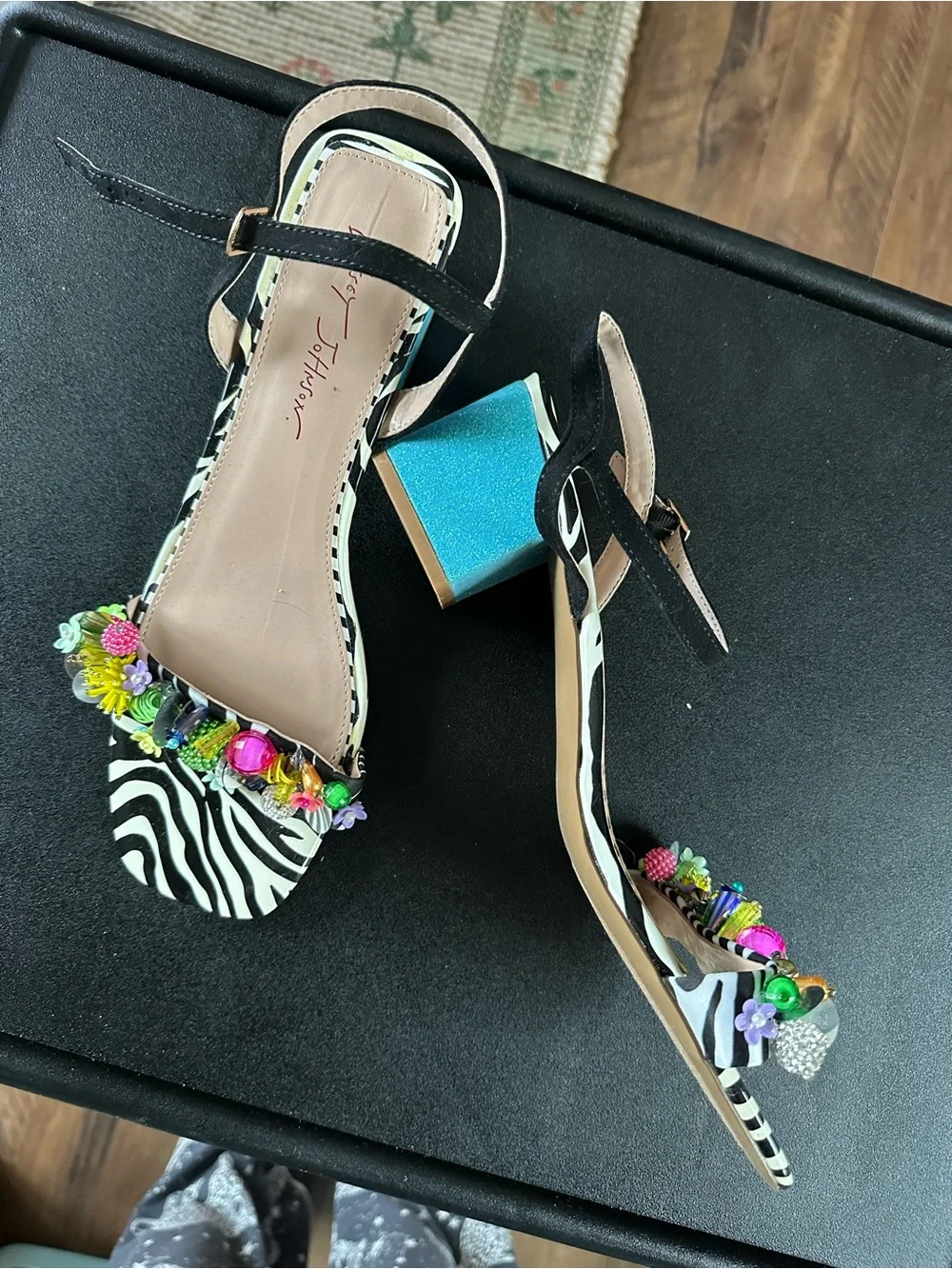 Betsey Johnson Black Zebra Print Bejeweled Ankle Strap Sandals. NWOT - Picture 4 of 8